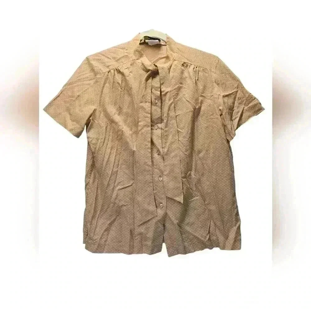 Vintage The Rogue Tan White Polka Dot Blouse Size 14 Mock Neck *See Description